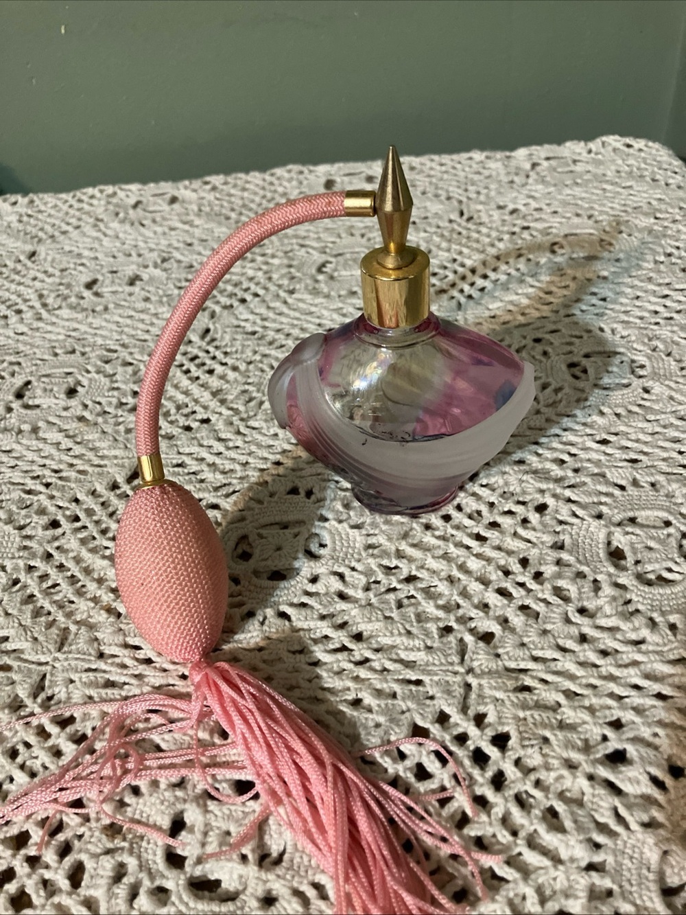 Vintage Perfume Bottle With Pink Atomizer Rainbow Glass France